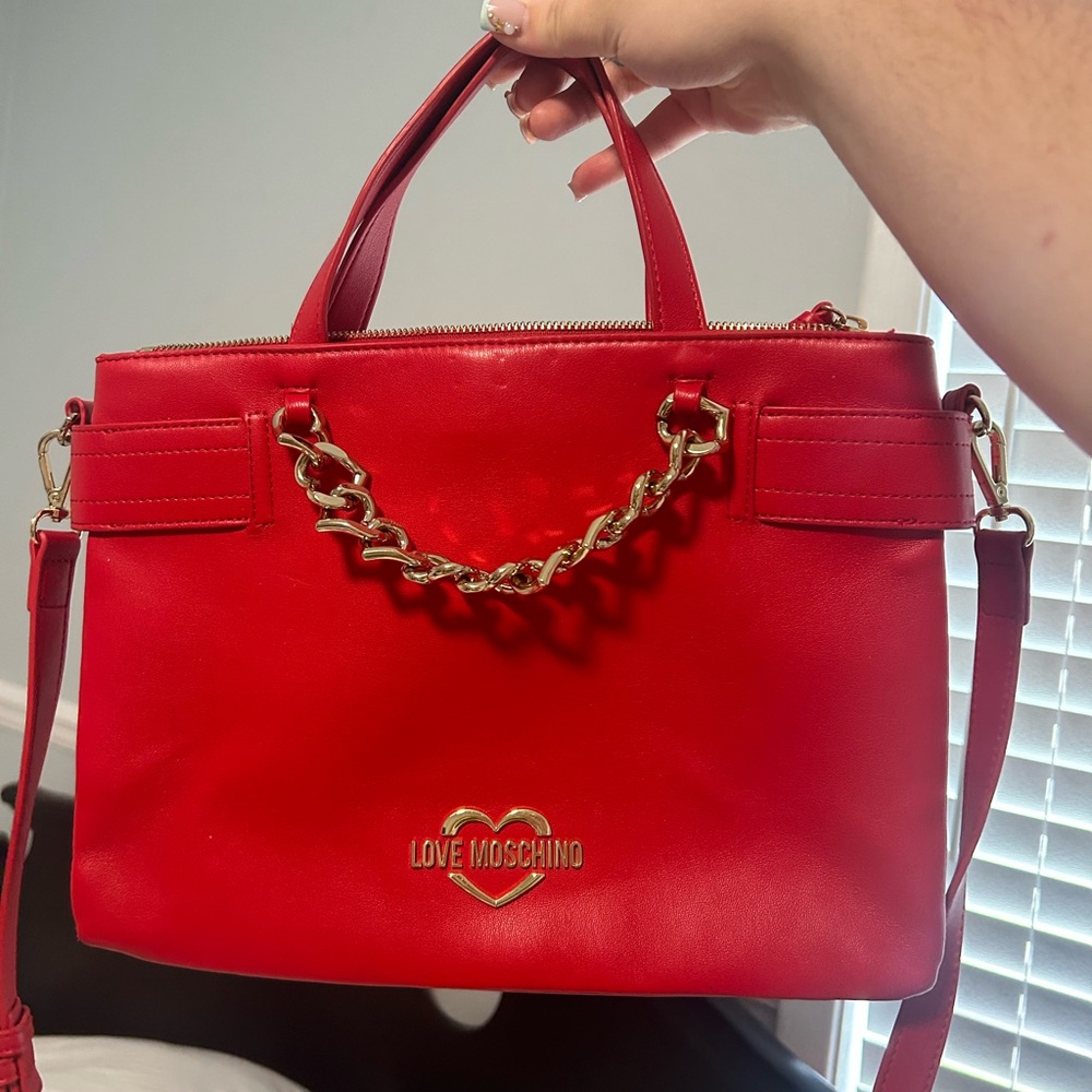 Love Moschino Red Gold Satchel with Chain Accents